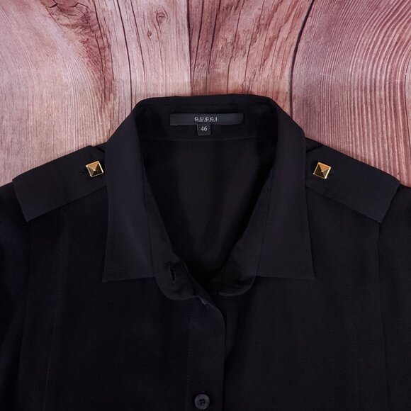 *READ* Gucci Black Sheer Blouse Shirt Studded Epaulets Long Sleeve Button Up - Picture 11 of 16